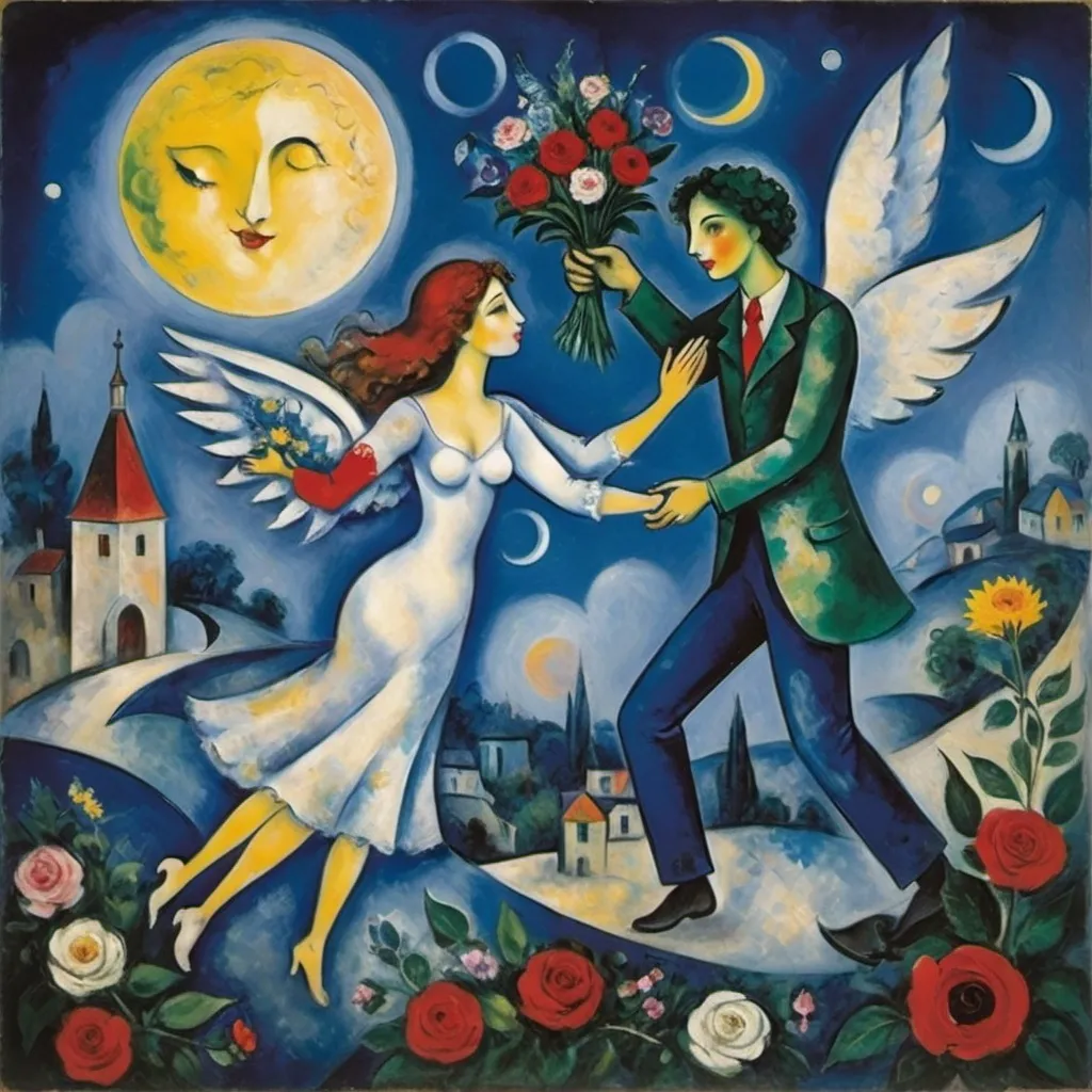 Prompt: Chagall playful 
cubism style. Lovers floating in moonlit, starlit sky. male offers female a bouquet ,wings of longing, ethereal angels, winged cats, harlequin, fiddler

