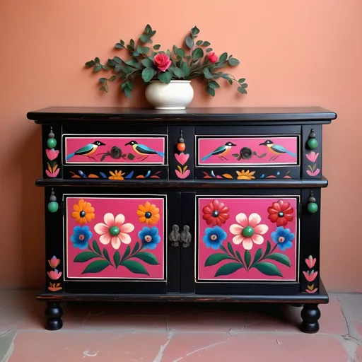 Prompt: Mexican chest with 2 small drawers ot the top with 2 curved shape cabinet doors underneath. Painted flowers on doors and in trim around doors/drawers, 
drawers, simple design, four drawers with knobs centered on each, painted flowers, deep pink, green, blue shades, red, soft roses, birds, Mexican touches,
warm hues, elegant floral patterns, artistic craftsmanship, black wood finish, cozy ambiance, handcrafted details, small and stylish, ideal for storage, perfect for adding character to a room, ultra-detailed, high quality.