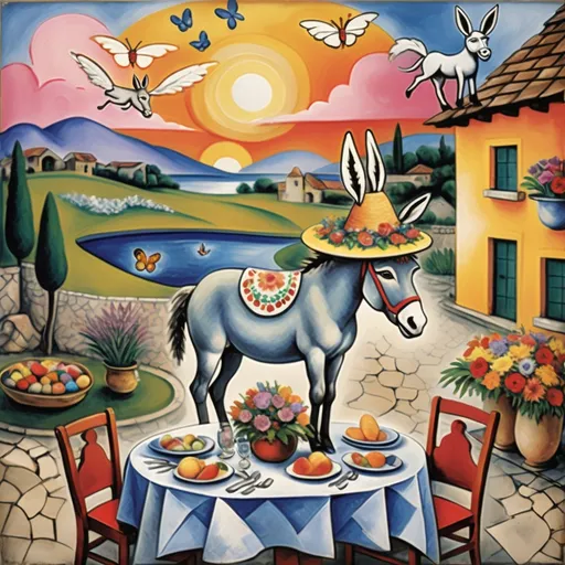 Prompt: Marc Chagall-inspired painting,Easter card, donkey wearing Easter bonnet, charming stone Mexican outdoor restaurant, featuring one 
donkey with Easter bonnet, beautiful large pool, lake in background, tables with umbrellas, flowers on the tables, butterflies, birds, sunset, dusk,
walls adorned with painted flowers, tile roof, lovers floating in the whimsical sky, graceful wings, grass, surrounded by vibrant flower pots around pool,  soft blue tones, dark moonlit, 
dusk, sunset, cool tones,

enchanting magical, twinkling  lights, Mexican style, atmosphere, dreamy mountains in the background, swirly  sky,(4K, ultra-detailed), 