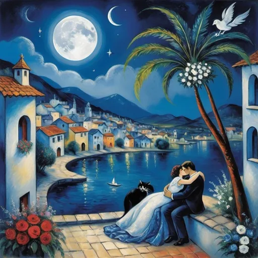 Prompt: (Chagall surrealist style), lovers floating in above a Mexican village in the night sky, (milky moon over village), romantic balcony scene, serene water below, vibrant flowers surrounding, heartfelt embrace, delicate hands joined, male loves bends down to offer woman beautifully arranged bouquet, lake, palm tree, tuxedo cat, whimsical and dreamy atmosphere, cool tones of blue and white, soft glowing lights, high detail, vibrant colors, enchanting night sky, infused with magic and love.