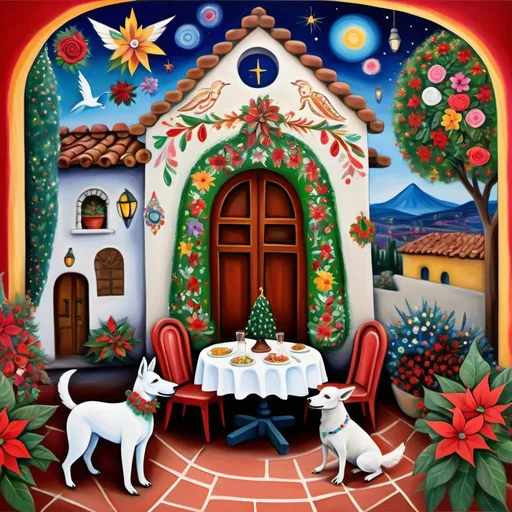 Prompt: (Chagall-inspired surreal scene), Christmas card, charming Mexican outdoor restaurant walls adorned with painted flowers, tile roof, lovers floating in the whimsical sky, graceful wings, fluffy dog, white burro with fancy hat, surrounded by vibrant flowers, virgin of Guadalupe, poinsettia, wreath, majestic avocado tree in front, enchanting magical , Christmas tree, Christmas lights, Mexican style, atmosphere, dreamy mountains in the background, swirly dark moonlight sky, (vivid colors), (4K, ultra-detailed), (cubist, whimsical).