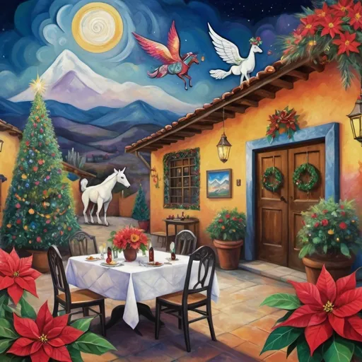 Prompt: (Chagall-inspired surreal scene), Christmas card, charming Mexican outdoor restaurant walls adorned with painted flowers, tile roof, lovers floating in the whimsical sky, graceful wings, fluffy dog, white burro with fancy hat, surrounded by vibrant flowers, virgin of Guadalupe, poinsettia, wreath, majestic avocado tree in front, enchanting magical , Christmas tree, Christmas lights, Mexican style, atmosphere, dreamy mountains in the background, swirly dark moonlight sky, (vivid colors), (4K, ultra-detailed), (cubist, whimsical).