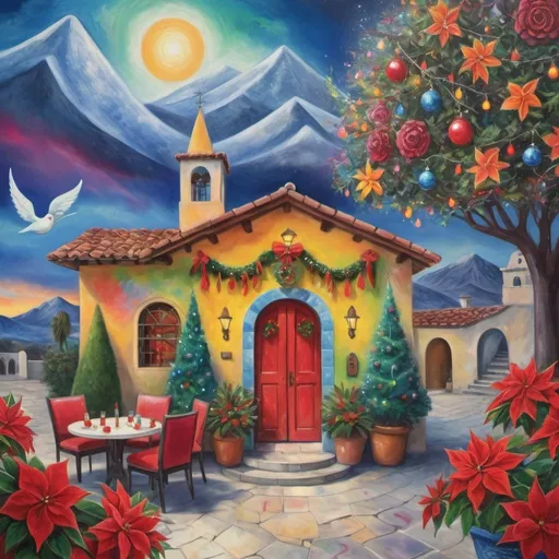 Prompt: (Chagall-inspired surreal scene), Christmas card, charming Mexican outdoor restaurant, beautiful, large swimming pool, tables with umbrellas, flowers on the tables, Christmas time, sign that says “Yves”, walls adorned with painted flowers, tile roof, lovers floating in the whimsical sky, graceful wings, vibrant flowers, poinsettia, wreath, majestic avocado tree in front, enchanting magical  Christmas tree, Christmas lights, Mexican style, atmosphere, dreamy mountains in the background, swirly sky, (vivid colors), (4K, ultra-detailed), (cubist, whimsical).