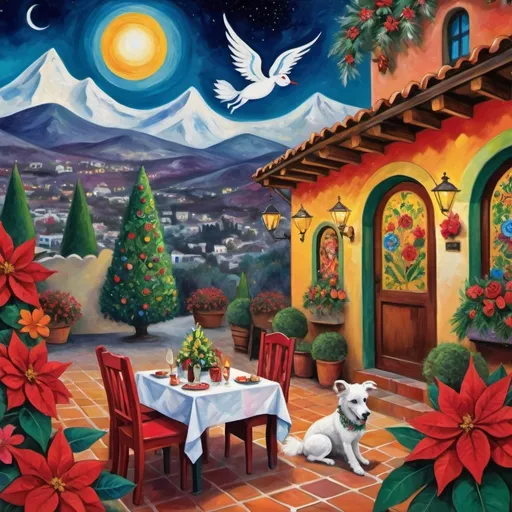 Prompt: (Chagall-inspired surreal scene), Christmas card, charming Mexican outdoor restaurant walls adorned with painted flowers, tile roof, lovers floating in the whimsical sky, graceful wings, fluffy dog, white burro with fancy hat, surrounded by vibrant flowers, virgin of Guadalupe, poinsettia, wreath, majestic avocado tree in front, enchanting magical , Christmas tree, Christmas lights, Mexican style, atmosphere, dreamy mountains in the background, swirly dark moonlight sky, (vivid colors), (4K, ultra-detailed), (cubist, whimsical).