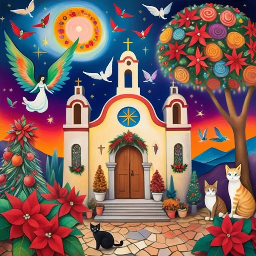 Prompt: (Chagall-inspired surreal scene), Christmas card, charming Mexican stone chapel, walls adorned with painted flowers, tile roof, lovers floating in the whimsical sky, graceful wings, fluffy cat surrounded by vibrant flowers, virgin of Guadalupe, poinsettia, wreath, majestic avocado tree in front, enchanting magical , Christmas tree, Christmas lights, muted colors, Mexican style, atmosphere, dreamy mountains in the background, swirly dark moonlight sky, soft colors
), (4K, ultra-detailed), (cubist, whimsical).