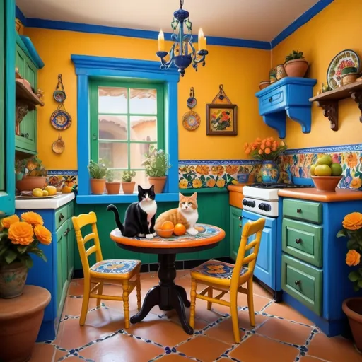 Prompt: (charming Mexican casita kitchen), bright yellow walls, traditional blue and green cupboards, vibrant fruit and colorful flowers, decorative Talavera tiles, two adorable cats (furry tuxedo cat and an orange cat), charming lace curtains, cozy round table with floral pattern, warm ambiance, ultra-detailed, inviting atmosphere, lively and cheerful setting, perfect for a kitchen scene, 4K quality.