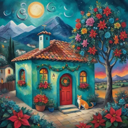 Prompt: (Chagall-inspired surreal scene), Christmas card, charming turquoise Mexican casita, walls adorned with painted flowers, tile roof, lovers floating in the whimsical sky, graceful wings, surrounded by vibrant flowers, playful cats, poinsettia, wreath, majestic avocado tree in front, enchanting magical , Christmas tree, Christmas lights, Mexican style, atmosphere, dreamy mountains in the background, swirly dark moonlight sky, (vivid colors), (4K, ultra-detailed), (cubist, whimsical).