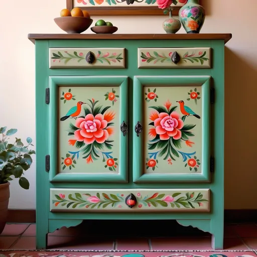 Prompt:  Mexican black 
chest, two upper drawers, two cabinet doors below, celadon green doors, detailed artisan folk art, Mexican floral painting, soft pink, rose, white flowers, whimsical birds, inviting ambiance, artistic craftsmanship, elegant design, nostalgic feel, ultra-detailed, high quality.