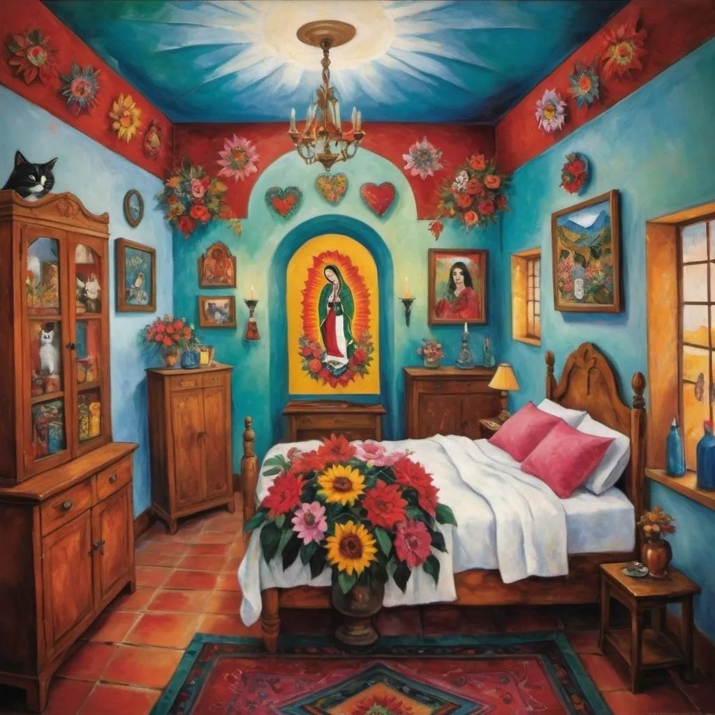 Prompt: (Marc Chagall painting cubist primitive 
surrealism style charming Mexican casita bedroom, Mexican Christmas, tin Christmas tree, lights,virgin of Guadalupe,  painted flowers, white walls, arched windows,, turquoise bedspread hearts, Tuxedo cat, Mexican textiles, whimsical ambiance, tile roof, turquoise armoire with painted flowers, glowing, candles,delicate pink wings, bright flowers, playful cats, enchanting atmosphere, poinsettias, magical, sunflowers, lace curtains, harlequin  tuxedo cat, Freida Kahlo influences, guitar, angel, mountains, candles, cozy pillows, ultra-detailed, magical charm, artistic masterpiece.