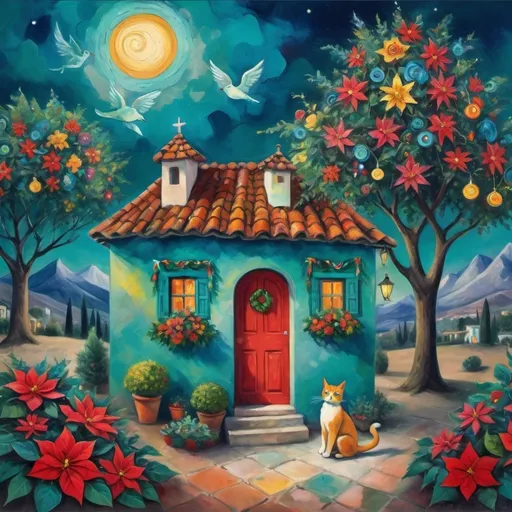 Prompt: (Chagall-inspired surreal scene), Christmas card, charming turquoise Mexican casita, walls adorned with painted flowers, tile roof, lovers floating in the whimsical sky, graceful wings, surrounded by vibrant flowers, playful cats, poinsettia, wreath, majestic avocado tree in front, enchanting magical , Christmas tree, Christmas lights, Mexican style, atmosphere, dreamy mountains in the background, swirly dark moonlight sky, (vivid colors), (4K, ultra-detailed), (cubist, whimsical).