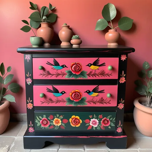 Prompt: Mexican
 chest of drawers, simple design, four drawers with knobs centered on each, painted flowers, vibrant deep pink, red, green, soft colors, red, roses, birds, bees, butterflies,
Mexican touches,
warm hues, elegant floral patterns, artistic craftsmanship, black wood finish, cozy ambiance, handcrafted details, small and stylish, ideal for storage, perfect for adding character to a room, ultra-detailed, high quality.