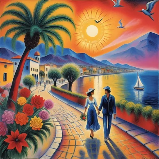 Prompt: (Marc Chagall style painting, surrealist style),expressionist style, two lovers in sporty casual attire, jeans, baseball cap, strolling the malecón, Ajijic, Mexico, Lake Chapala, beautiful sunset, flowering trees, flowers, seagulls, palm trees, whimsical ambiance, magical atmosphere, vibrant colors, artistic fantasy, angels in sky,dramatic lighting, intricate floral details, dreamy sky, 4K, ultra-detailed illustration. FELIZ CUMPLEAÑOS