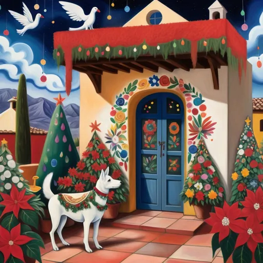 Prompt: (Chagall-inspired surreal scene), Christmas card, charming Mexican outdoor restaurant walls adorned with painted flowers, tile roof, lovers floating in the whimsical sky, graceful wings, fluffy dog, white burro with fancy hat, surrounded by vibrant flowers, virgin of Guadalupe, poinsettia, wreath, majestic avocado tree in front, enchanting magical , Christmas tree, Christmas lights, Mexican style, atmosphere, dreamy mountains in the background, swirly dark moonlight sky, (vivid colors), (4K, ultra-detailed), (cubist, whimsical).