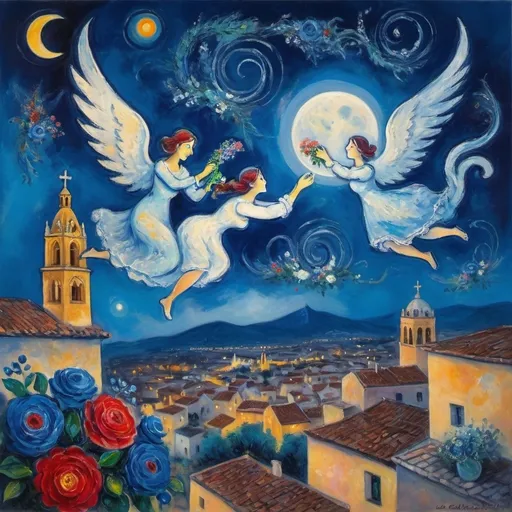 Prompt: (Painting in playful Marc Chagall modernist style), 2 lovers float in night sky above San Miguel de Allende Mexico with beautiful floral bouquet, milky moon, romantic scene,  balcony below, vibrant flowers , male offers woman beautifully arranged bouquet, whimsical and dreamy atmosphere, swirly sky cool tones of blue and white, soft glowing lights,impressionistic, soft colors, swirly enchanting night sky, infused with magic and love. Winged cats, angels
