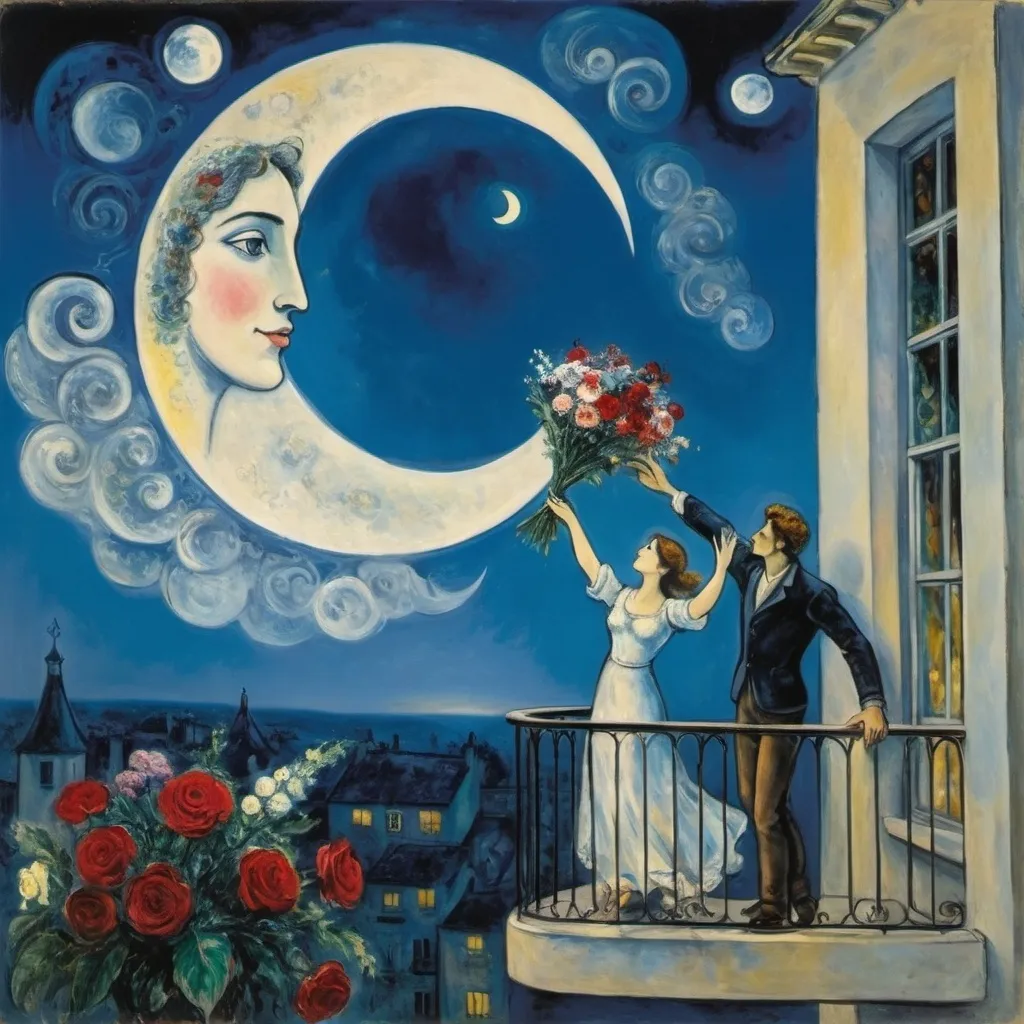 Prompt: chagall style. Moonlit sky. Woman at balcony reaching for male lover floating in sky, extending  a bouquet to her



