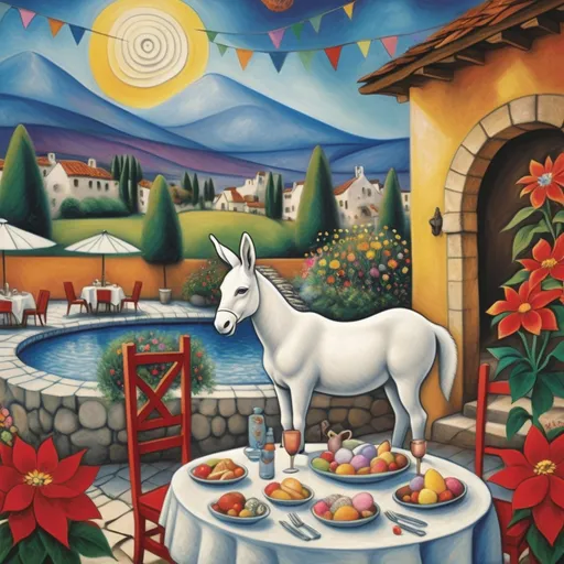 Prompt: (Marc Chagall-inspired surreal scene, primitive, Easter card, charming stone Mexican outdoor restaurant, white donkey wearing Easter bonnet. beautiful large pool, lake in background, tables with umbrellas, flowers on the tables,  sign that says YVES, walls adorned with painted flowers, tile roof, lovers floating in the whimsical sky, graceful wings, grass, surrounded by vibrant flowers around pool,  majestic avocado tree in front, enchanting magical, twinkling  lights, Mexican style, atmosphere, dreamy mountains in the background, swirly   sky, (vivid colors), (4K, ultra-detailed), (cubist, whimsical).