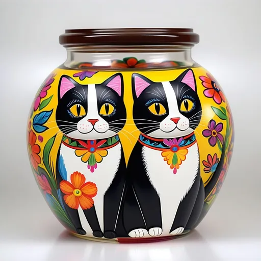 Prompt: (clearly painted design of 2 tuxedo cats), clear plastic round jar, bright Mexican flowers, vibrant Mexican art style, detailed and colorful floral patterns, lively and playful atmosphere, high-quality craftsmanship, featuring intricate designs, eye-catching aesthetic, decorative jar, beautifully illustrated, 4K, ultra-detailed, emphasizing artistic elements and cultural richness.