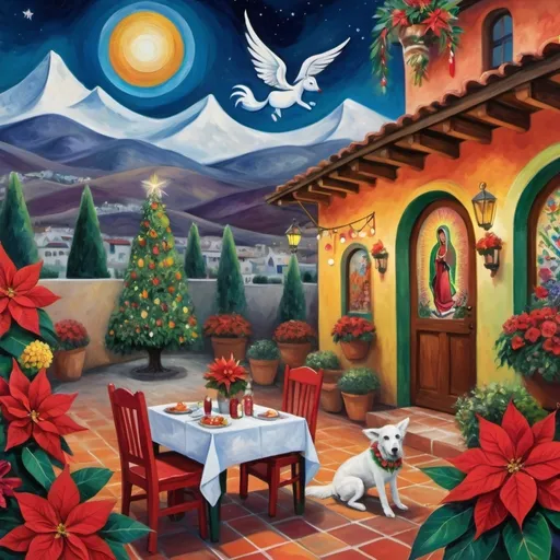 Prompt: (Chagall-inspired surreal scene), Christmas card, charming Mexican outdoor restaurant walls adorned with painted flowers, tile roof, lovers floating in the whimsical sky, graceful wings, fluffy dog, white burro with fancy hat, surrounded by vibrant flowers, virgin of Guadalupe, poinsettia, wreath, majestic avocado tree in front, enchanting magical , Christmas tree, Christmas lights, Mexican style, atmosphere, dreamy mountains in the background, swirly dark moonlight sky, (vivid colors), (4K, ultra-detailed), (cubist, whimsical).