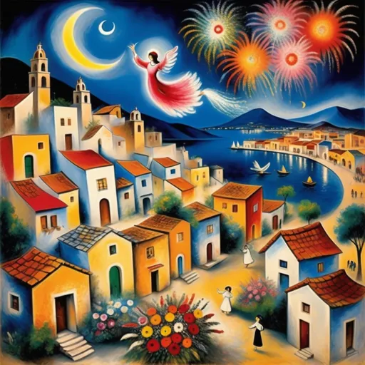 Prompt: Marc Chagall, style painting, primitive, surreal, (Fireworks exploding) over a vibrant Mexican village at night, (plaza, Angels Chagall influence), celebrating life, (whimsical night sky), colorful explosions, lake Chapala, flowers, Swirling night sky illuminating traditional architecture, rustic rooftops, warm golden tones, (festive atmosphere), high detail and contrast, enchanting, moon, ambiance, (oil painting style), masterful strokes creating a joyful and lively scene, (high definition, ultra-detailed).