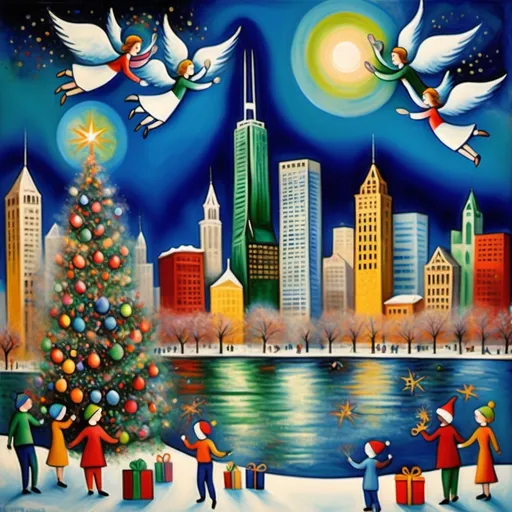 Prompt: (Mark Chagall style whimsical Christmas scene expressionist painting) of downtown Chicago skyline, surreal) landscape featuring Lake Michigan, (John Hancock Building), stores artfully decorated for Christmas, adorned with colorful Christmas trees, serene angels in the sky,  festive cool, colors, dynamic brushstrokes creating a joyful atmosphere, ultra-detailed, enchanting holiday spirit, embracing a sense of wonder and whimsy.