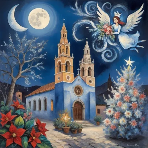 Prompt: Christmas painting in playful primitive surrealist 
Marc Chagall cubist 
style), soft moonlit sky above San Miguel de Allende Mexicon plaza with beautiful floral bouquet,Mexican colonial church playful milky moon, ,  harlequin,  beautifully arranged bouquet, flowers . fiddler in sky
whimsical and dreamy atmosphere,  cool tones of blue and white, soft glowing lights, soft colors, swirly enchanting swirly night sky, infused with magic and love. Winged cats, angels, Christmas, navidad ,poinsettas, Virgen of Guadeloupe church with crown steeple
