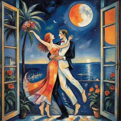 Prompt: Two lovers floating together in the night sky), Expressionist surrealist cubist, harlequin Marc Chagall style, woman arms reaching up 
up on wings of longing from open windowed, milky moon and sky,
balcony,  overlooking Nice, France, riviera, lights
water, palm trees, vibrant flowers surrounding the scene, dreamlike ambiance, romantic mood,  tuxedo and orange cat, male lover offers bouquet of flowers cool colos
 , school of Paris style
painterly quality,whimsical elements, enchanting atmosphere, 4K ultra-detailed clarity.