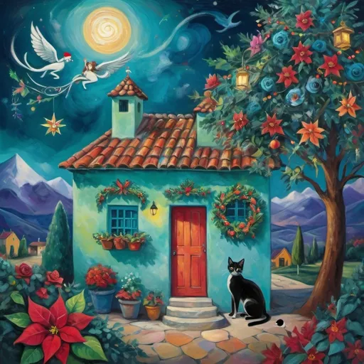 Prompt: (Chagall-inspired surreal scene), Christmas card, charming turquoise Mexican casita, walls adorned with painted flowers, tile roof, lovers floating in the whimsical sky, graceful wings, surrounded by vibrant flowers, playful cats, poinsettia, wreath, majestic avocado tree in front, enchanting magical , Christmas tree, Christmas lights, Mexican style, atmosphere, dreamy mountains in the background, swirly dark moonlight sky, (vivid colors), (4K, ultra-detailed), (cubist, whimsical).