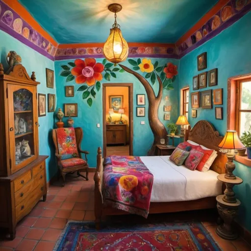 Prompt: (Marc Chagall inspired), (cubist surrealism), charming Mexican casita bedroom, painted flowers on walls, vivid colors, whimsical ambiance, tile roof, turquoise floral armoire, lovers soaring through the sky, delicate wings, bright flowers, playful cats, large avocado tree, enchanting atmosphere, Freida Kahlo influences, cozy pillows, ultra-detailed, magical charm, artistic masterpiece.