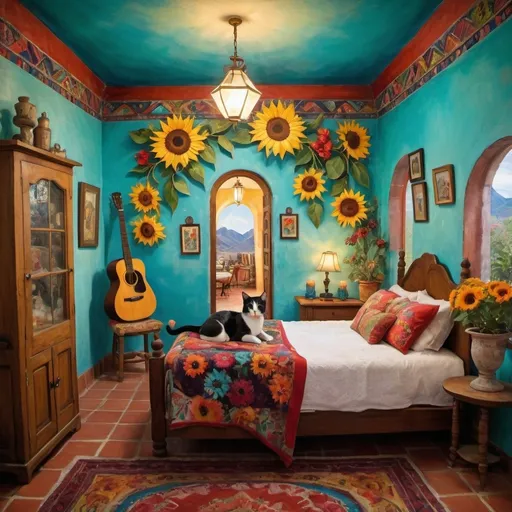 Prompt: (Marc Chagall inspired painting (cubist primitive 
surrealism style), charming Mexican casita bedroom, Christmas painted flowers on white walls, arched windows,, turquoise bedspread, Mexican textiles, whimsical ambiance, tile roof, turquoise floral stenciled armoire, glowing, delicate wings, bright flowers, playful cats, large avocado tree, enchanting atmosphere, poinsettias, magical, sunflowers, lace curtains, harlequin  tuxedo cat, Freida Kahlo influences, guitar, angel, mountains, candles, cozy pillows, ultra-detailed, magical charm, artistic masterpiece.