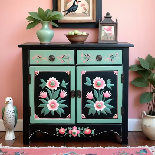 Prompt: Mexican black painted chest, showcasing two upper drawers and two cabinet doors below, celadon green doors adorned with intricate artisan folk art flowers, soft floral painting featuring soft light pink, rose, and white flowers, whimsical birds, creating an inviting ambiance, highlighting artistic craftsmanship and elegant design, evoking a nostalgic feel, ultra-detailed, high quality, warmly-lit, rich textures, atmospheric, traditional yet refined elegance.