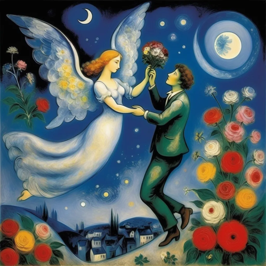 Prompt: Chagall ethereal style. Lovers floating in moonlit, starlit sky. male offers female a bouquet wings of longing, ethereal, dreamy, romantic, flowers, love


