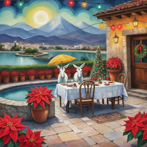 Prompt: (Marc Chagall-inspired surreal scene, primitive, Christmas card, charming stone Mexican outdoor restaurant, white donkey wearing festive hat, beautiful large pool, lake in background, tables with umbrellas, flowers on the tables, Christmas time, sign that says YVES, walls adorned with painted flowers, tile roof, lovers floating in the whimsical sky, graceful wings, grass, surrounded by vibrant flowers, , poinsettia, wreath, majestic avocado tree in front, enchanting magical, twinkling Christmas lights, Mexican style, atmosphere, dreamy mountains in the background, swirly   sky, (vivid colors), (4K, ultra-detailed), (cubist, whimsical).