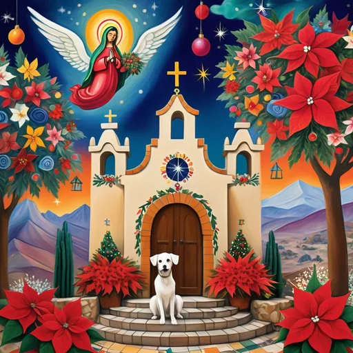 Prompt: (Chagall-inspired surreal scene), Christmas card, charming Mexican stone chapel, walls adorned with painted flowers, tile roof, lovers floating in the whimsical sky, graceful wings, fluffy dog, surrounded by vibrant flowers, virgin of Guadalupe, poinsettia, wreath, majestic avocado tree in front, enchanting magical , Christmas tree, Christmas lights, Mexican style, atmosphere, dreamy mountains in the background, swirly dark moonlight sky, soft colors
), (4K, ultra-detailed), (cubist, whimsical).