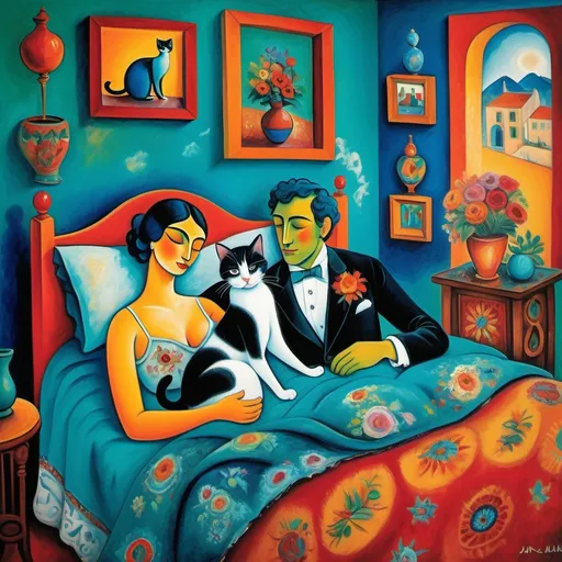 Prompt: (Marc Chagall style painting) man and woman couple lounging in bed with 2 tuxedo cats and tuxedo kitten, playfully resting, (turquoise bedspread) adorned with (vibrant flowers), warm ambient lighting, colorful Mexican style Casita bedroom, whimsical elements reflecting love and comfort, intricate patterns on walls, serene atmosphere, ultra-detailed, cinematic masterpiece, expressive brush strokes capturing emotion and harmony, dreamlike quality.