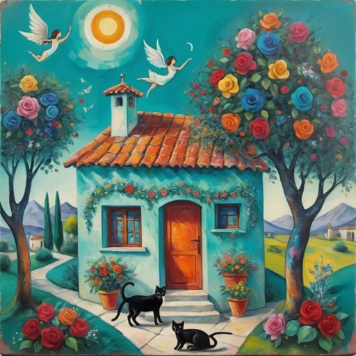 Prompt: (Chagall-inspired surreal scene), charming turquoise Mexican casita, walls adorned with painted flowers, tile roof, lovers floating in the whimsical sky, graceful wings, surrounded by vibrant flowers, playful cats, majestic avocado tree in front, enchanting magical atmosphere, dreamy mountains in the background, swirly moonlight sky, (vivid colors), (4K, ultra-detailed), (cubist, whimsical).