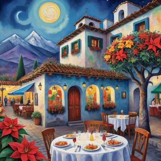 Prompt: (Chagall-inspired surreal scene), restaurant, Christmas card, charming Ajijic Mexican village plaza, restaurant, shops, walls adorned with flowers,, graceful wings,  surrounded by vibrant flowers, poinsettias, tables with  umbrellas, wreath, majestic avocado tree in front, enchanting magical Christmas tree, Christmas lights, Mexican style, atmosphere, dreamy mountains in the background, swirly moonlight sky, (vivid colors), (4K, ultra-detailed), (cubist, whimsical).