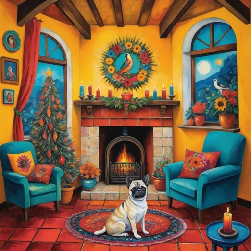 Prompt: Marc Chagall primitie, cubist, surreal style (Painting of Mexican Casita interior), Christmas card, small quaint cozy cottage living room, (chimney fireplace with fire), beautiful flowers, lace curtains, Talavera, turquoise, arched windows, pug dog,  tuxedo cat, 
sunflowers  white sofa with colorful pillows, flower-patterned armchair, Talavera ceramics, virgen of Guadalupe sunshine, Christmas tree, wreath, candles, poinsettias, filtering in, birds nearby, (surrealist whimsical expressionist painting style), inspired by Frida Kahlo and Marc Chagall, vibrant colors, detailed textures, (4K ultra-detailed ambience), cozy and eclectic atmosphere.