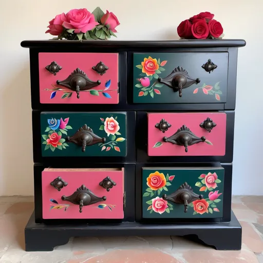 Prompt: Mexican chest of drawers, simple design, four drawers with knobs centered on each, painted flowers, vibrant deep pink, green, blue shades, red, soft colors, roses, birds, Mexican touches,
warm hues, elegant floral patterns, artistic craftsmanship, black wood finish, cozy ambiance, handcrafted details, small and stylish, ideal for storage, perfect for adding character to a room, ultra-detailed, high quality.