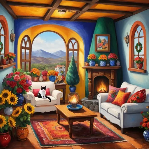 Prompt: (Painting of Mexican Casita interior), small quaint cozy cottage living room, (chimney fireplace with fire), beautiful flowers, lace curtains, arched windows, tuxedo cat, white sofa with colorful pillows, flower-patterned armchair, poinsettias, sunflowers, Christmas tree, wreath, garland, glowing, magical, Talavera ceramics, bright sunshine filtering in, birds nearby, (surrealist whimsical expressionist painting style), inspired by Frida Kahlo and Marc Chagall, vibrant colors, detailed textures, (4K ultra-detailed ambience), cozy and eclectic atmosphere.