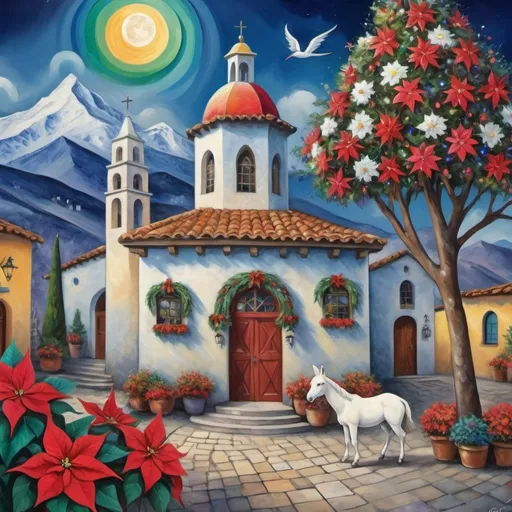 Prompt: (Chagall-inspired surreal scene), restaurant, Christmas card, charming Mexican village plaza, church, restaurant,  walls adorned with flowers,, graceful wings, white burro with fancy Christmas hat, surrounded by vibrant flowers, poinsettias, tables with  umbrellas, wreath, majestic avocado tree in front, enchanting magical , Christmas tree, Christmas lights, Mexican style, atmosphere, dreamy mountains in the background, swirly moonlight sky, (vivid colors), (4K, ultra-detailed), (cubist, whimsical).