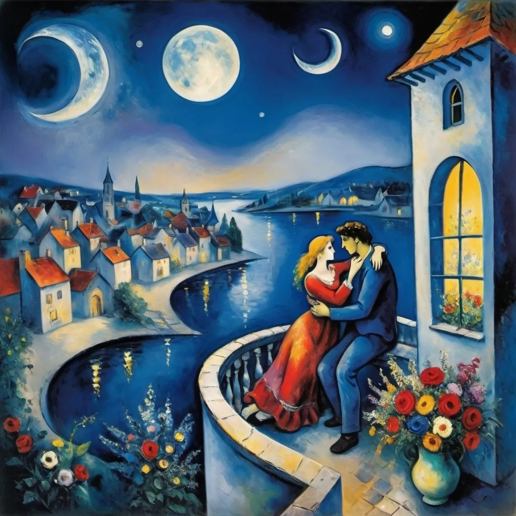 Prompt: Chagall style. Lovers in the night milky moonlit sky, ethereal, balcony and charming village below and water. male lover offers her a bouquet. Flowers

