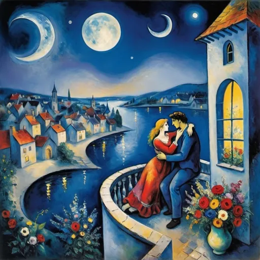 Prompt: Chagall style. Lovers in the night milky moonlit sky, ethereal, balcony and charming village below and water. male lover offers her a bouquet. Flowers

