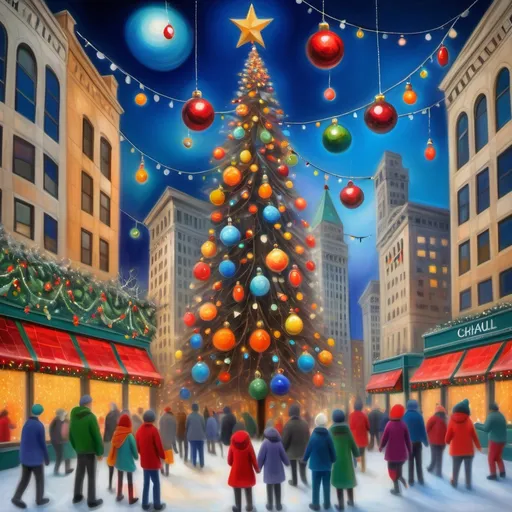 Prompt: (department store decorated for Christmas), (downtown Chicago), whimsical expressionism, primitivism, surreal elements, playful ambiance, magical sky with Christmas lights, vibrant colors, oil painting style, unique Chagall-inspired shapes, enchanting scenery with Lake Michigan in the background, festive cheer, captured in HD detail, creating a dreamy and joyful Christmas atmosphere.