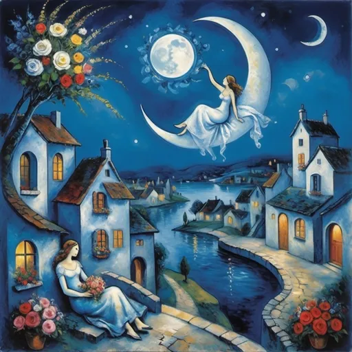 Prompt: (Chagall surrealist style), lovers floating in above a village in the night sky, (milky moon over village), romantic balcony scene, serene water below, vibrant flowers surrounding, heartfelt embrace, delicate hands joined, male loves bends down to offer woman beautifully arranged bouquet, whimsical and dreamy atmosphere, cool tones of blue and white, soft glowing lights, high detail, vibrant colors, enchanting night sky, infused with magic and love.