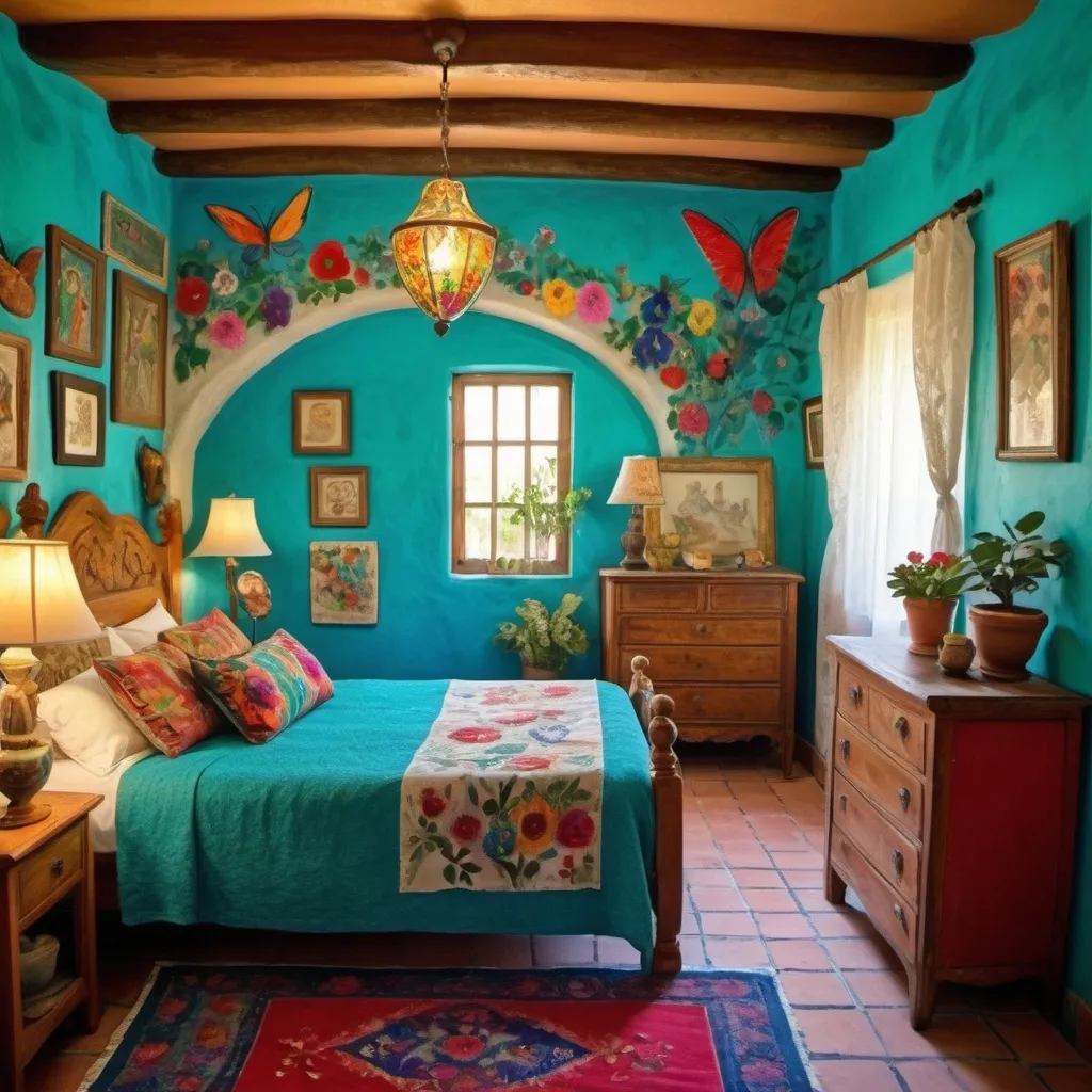 Prompt: (Marc Chagall inspired), (cubist surrealism), charming Mexican casita bedroom, painted flowers on walls, vivid colors, turquoise bedspread, Mexican textiles, whimsical ambiance, tile roof, turquoise floral armoire, , delicate wings, bright flowers, playful cats, large avocado tree, enchanting atmosphere, lace curtains, Freida Kahlo influences, angel, candle cozy pillows, ultra-detailed, magical charm, artistic masterpiece.