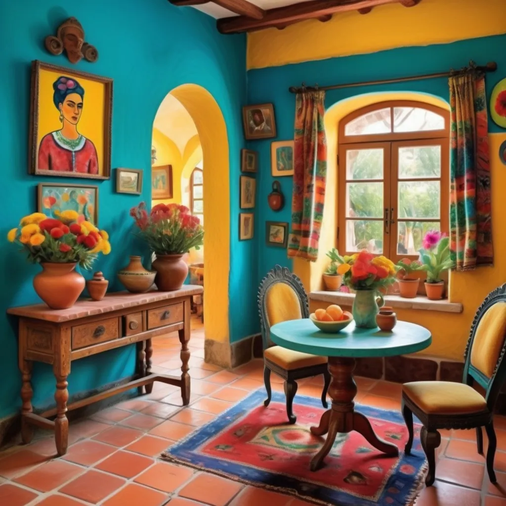 Prompt: Marc Chagall style paiting of (charming traditional small, cozy, yellow walls, colorful flowers, turquoise colorful, artsy boho chic Spanish Colonial style Mexican Casita), beautiful,charming interior,\cozy sitting room, Frieda Kahlo portrait, combined kitchen and dining room, (brick ceilings), (terra-cotta floors), colorful decor inviting ambiance, well-structured layout, (cozy and homely atmosphere), high-quality design, lace curtains sunlight streaming in, enhancing architectural features. Tile roof. Arched windows.