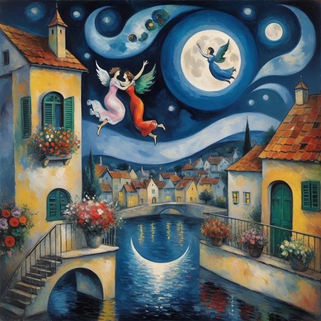 Prompt: Chagall style. Lovers floating in the night, milky moon sky. Balcony, village water, flowers, whimsical, surrreal, wingss
