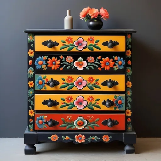 Prompt: (4 drawer wooden chest of drawers), 45m x 25cm x 80 cm, black 
chest with big Mexican flowers,  black base, soft colors, talavera,

smooth texture, rustic charm, decorative motifs, lighting highlighting the design, high-resolution, elegant atmosphere, well-crafted craftsmanship, artistic flair, bold and dramatic aesthetic.