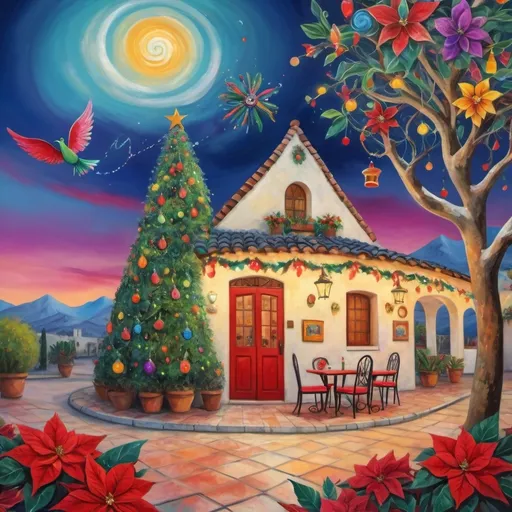 Prompt: (Chagall-inspired surreal scene), Christmas card, charming Mexican outdoor restaurant, beautiful, swimming pool, tables with umbrellas, flowers on the tables, Christmas time, sign that says “Yves”, walls adorned with painted flowers, tile roof, lovers floating in the whimsical sky, graceful wings, surrounded by vibrant flowers, , poinsettia, wreath, majestic avocado tree in front, enchanting magical  Christmas tree, Christmas lights, Mexican style, atmosphere, dreamy mountains in the background, swirly sky, (vivid colors), (4K, ultra-detailed), (cubist, whimsical).