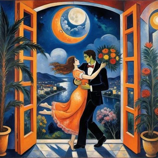 Prompt: Two lovers floating together in the night sky), Expressionist cubist 
surrealist Marc Chagall style, woman arms reaching up 
up on wings of longing from open windowed, milky moon and starlit sky,
balcony, overlooking Ajijic, Mexico
water, palm trees, cypress trees, vibrant flowers surrounding the scene, dreamlike ambiance, romantic mood,  tuxedo and orange cat, male lover offers bouquet of flowers 
 , school of Paris style
painterly quality,whimsical elements, enchanting atmosphere, 4K ultra-detailed clarity.